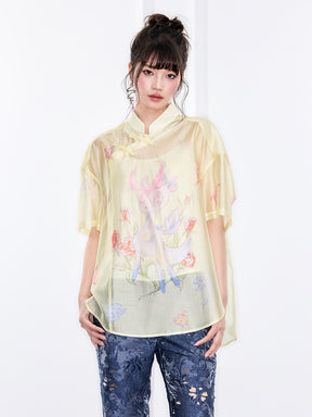 Mukzin "Ode To The New Summer"New Chinese-Style Shirt With Frog Buttons At The Collar And Printed Patterns