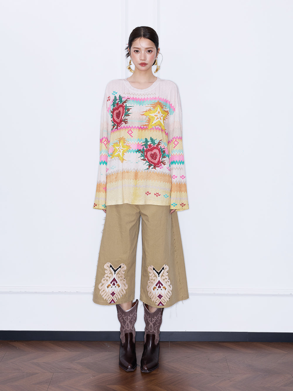 MUKZIN¡°Night Ballad of Chang'an¡±Y2K Star Heart Print Oversized Long Sleeve Tee, Vintage Bohemian Casual Knit Top for Women