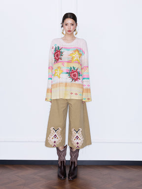 MUKZIN¡°Night Ballad of Chang'an¡±Y2K Star Heart Print Oversized Long Sleeve Tee, Vintage Bohemian Casual Knit Top for Women