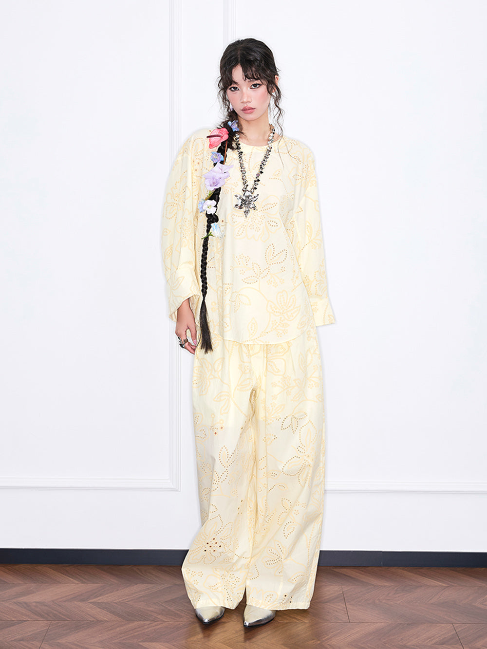 MUKZIN“Realm of Ethereal Mist”Light Yellow Floral Hollow - out Loose Top