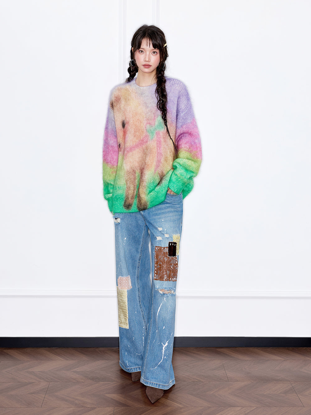 MUKZIN“The Sequence of Deer's Call”Rainbow Gradient Tie-Dye Pony Pattern Oversized Fuzzy Knit Sweater
