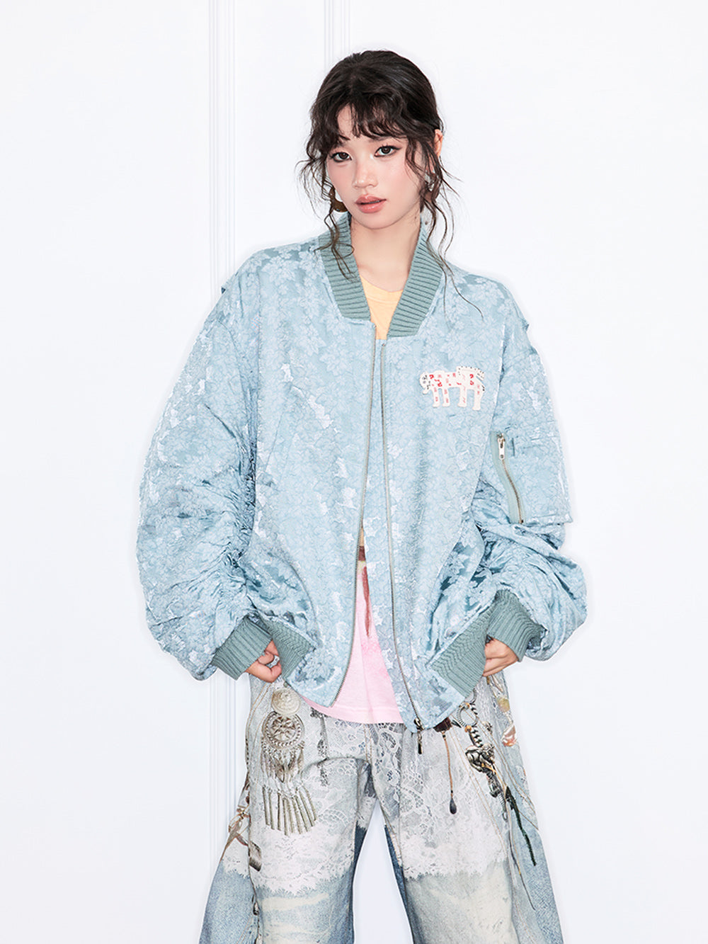 MUKZIN“Realm of Ethereal Mist”Retro Tie - Dye Embroidered Loose Bomber Jacket