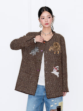 MUKZIN“Capsule Collection”Vintage Bouclé Jacket with 3D Appliqué - Round Neck Loose Fit