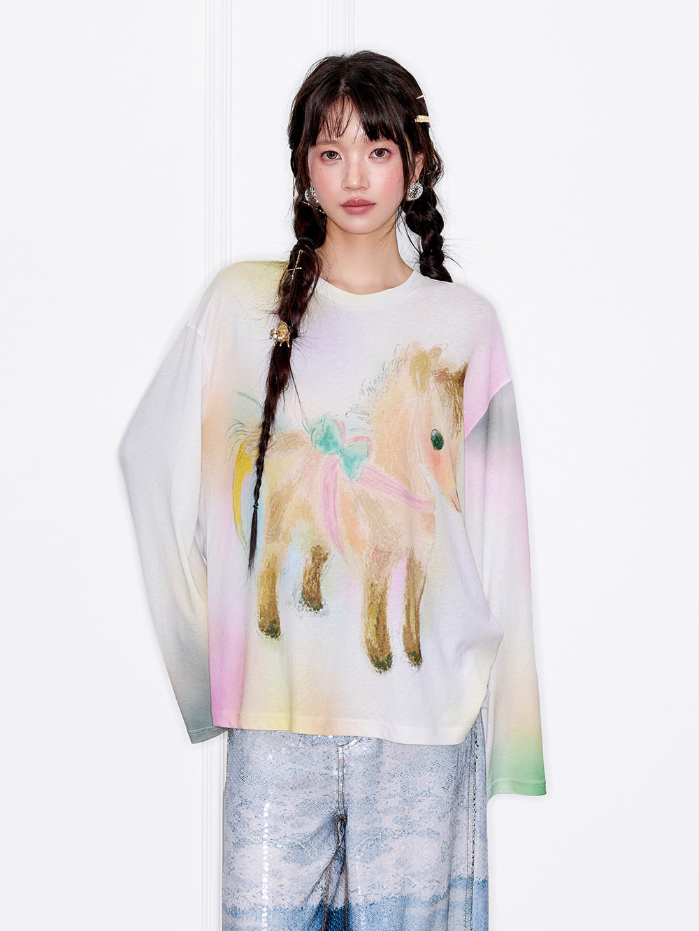 MUKZIN“The Sequence of Deer's Call”Macaron Gradient Pony Print Oversized Sheer Long-Sleeve Top
