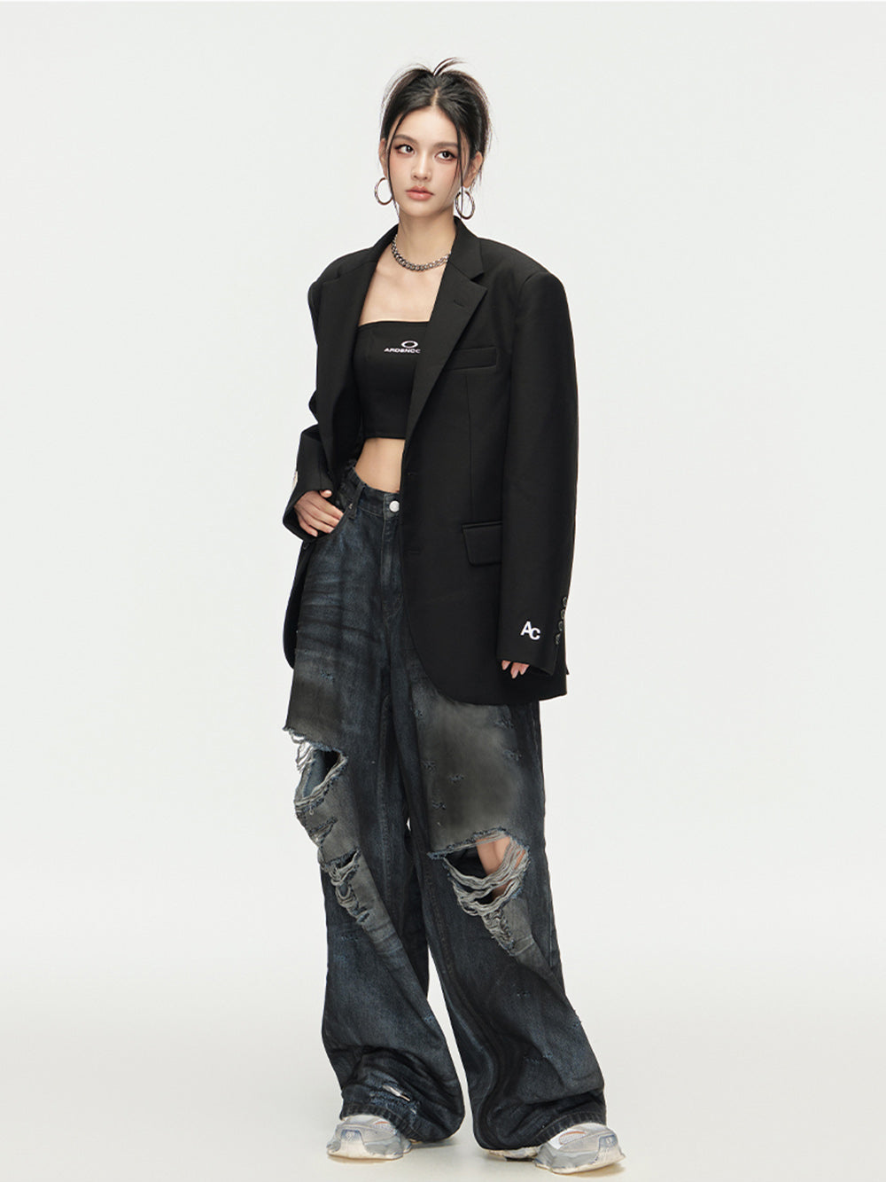 MUKTANK × ARDENCODE Neutral Washed Ripped Loose Wide-leg Jeans Pant