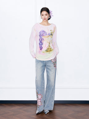 MUKZIN“Night Ballad of Chang'an”Grape & Goblet Watercolor Print Long Sleeve Top | Artistic Tie-Dye Tee