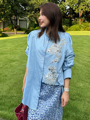 MUKZIN¡°Capsule Collection¡±Light Blue Sequin Embellished Floral Midi Skirt | Oriental High-Waist Slit Skirt