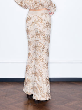 MUKZIN“Capsule Collection”Brown Floral Embroidered Wide-Leg Pants | Oriental Sequin Embellished High-Waist Trousers