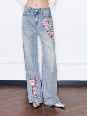 MUKZIN“Night Ballad of Chang'an”Floral Embroidered Wide-Leg Jeans | Distressed Vintage Denim Pants with Sequin Floral Appliques