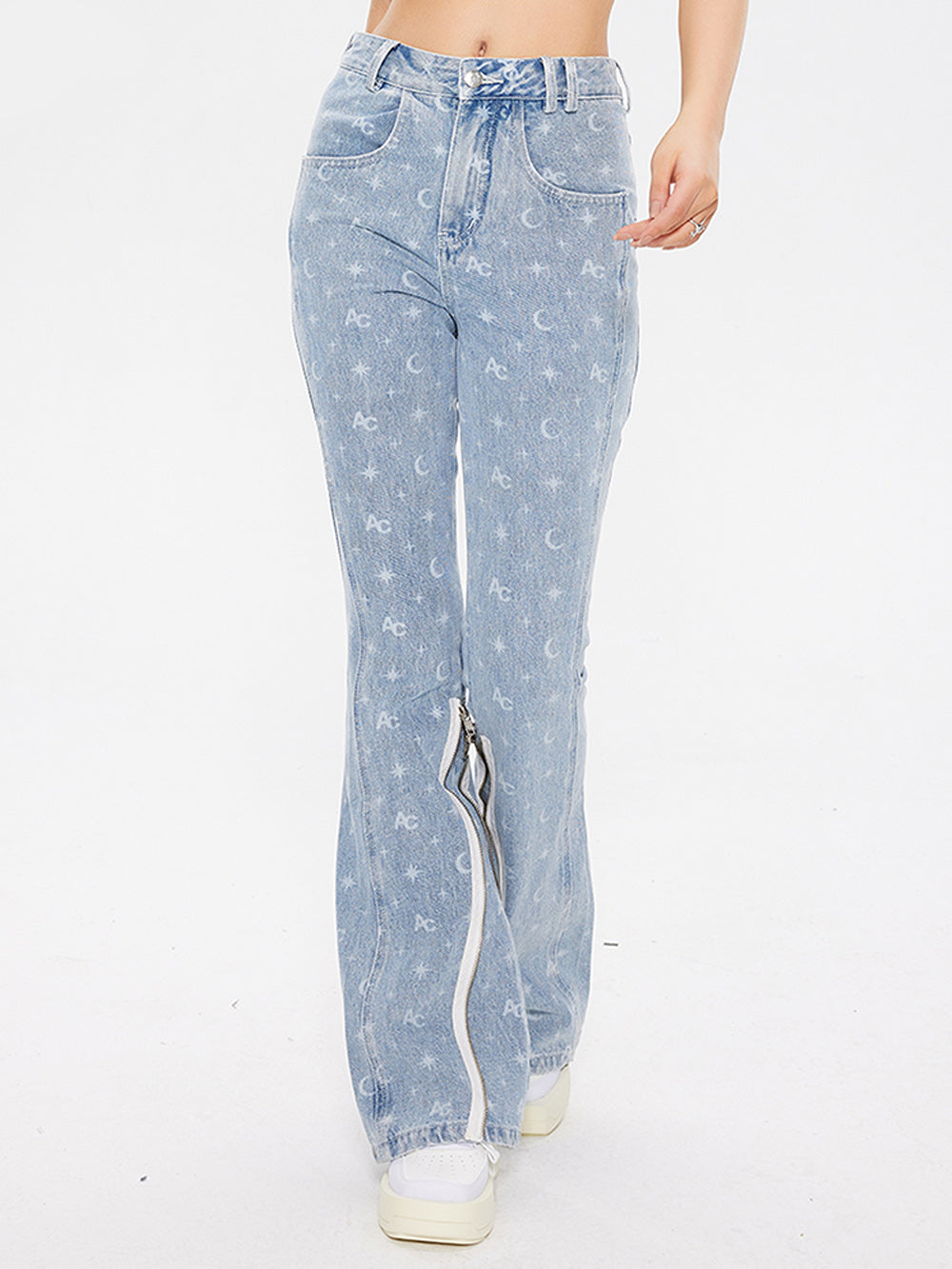 MUKTANK × ARDENCODE Printed Slim-fit Mid-rise Washed Flared Jeans