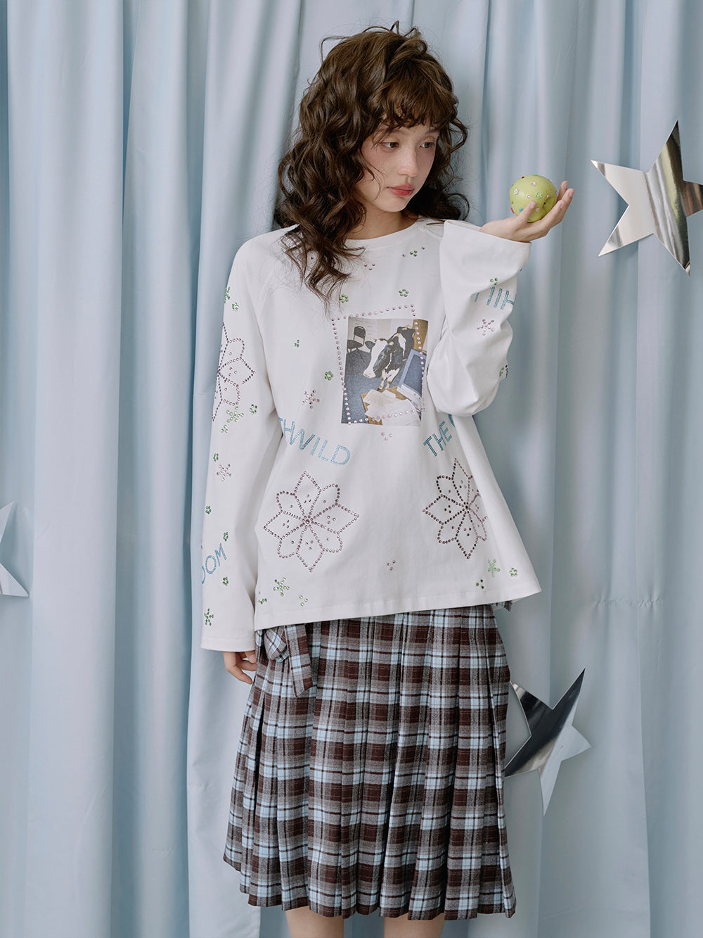 MUKTANK×LOUMUTAKU Cattle and Horse Printed Rhinestone Long-Sleeve T-Shirt