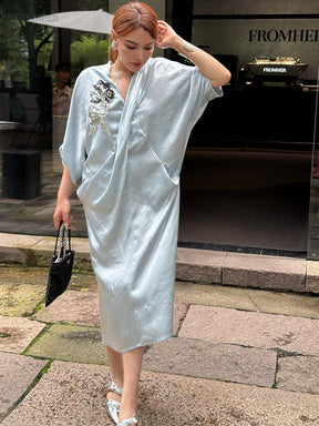MUKZIN“Capsule Collection”Off - White Cross V - Neck Gold Ornament Embroidered Loose Dress
