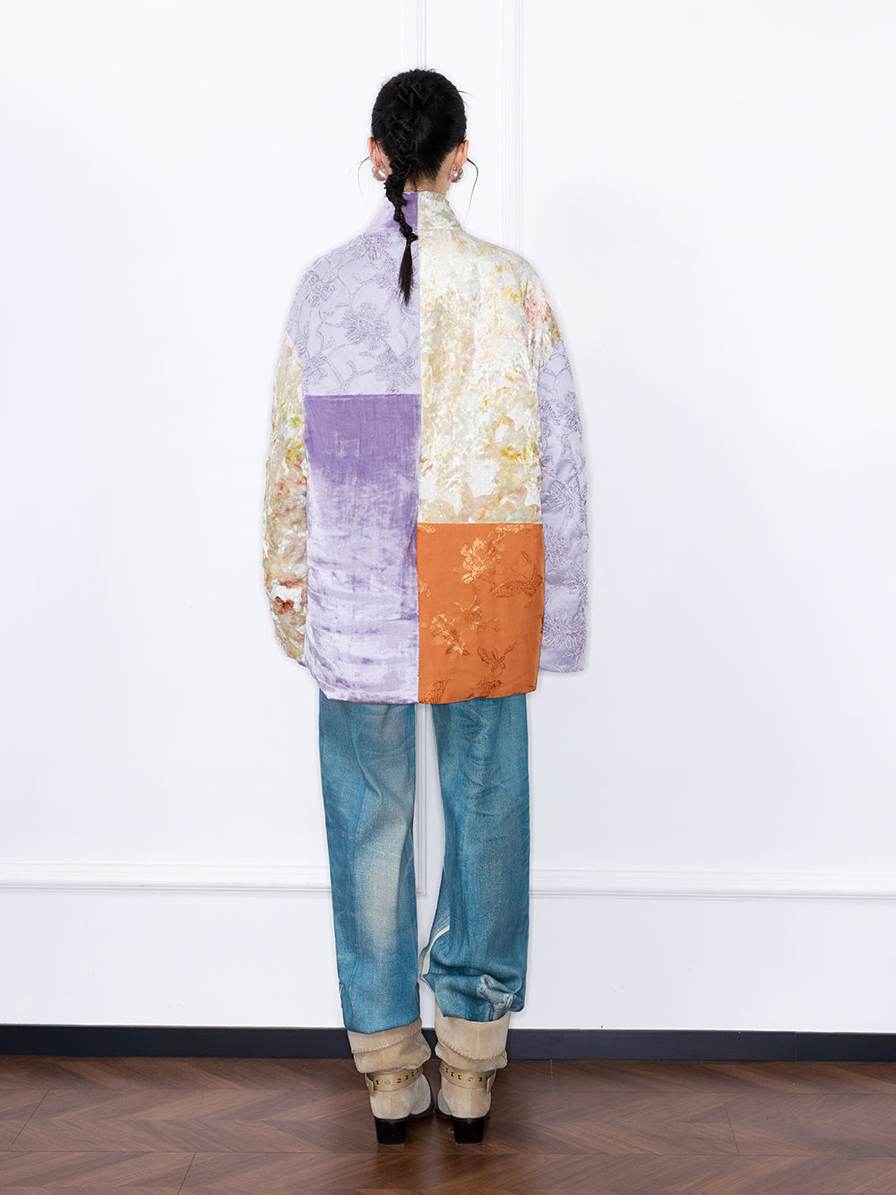 MUKZIN¡°Capsule Collection¡±Patchwork Oriental Puffer Jacket | Floral Embroidered Velvet & Jacquard Mixed Media Wrap Coat