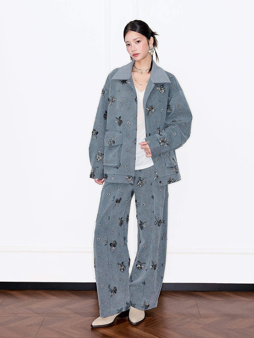 MUKZIN“Capsule Collection”Gray Rhinestone Embellished Oversized Heavy-Duty Wide-Leg Pants