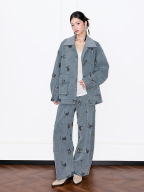 MUKZIN“Capsule Collection”Gray Rhinestone Embellished Oversized Heavy-Duty Wide-Leg Pants