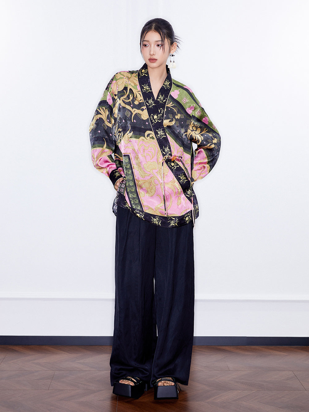 MUKZIN  Spring Prelude"Fu Su" Chinese-style Retro Loose Cross-collar Printed Shirt