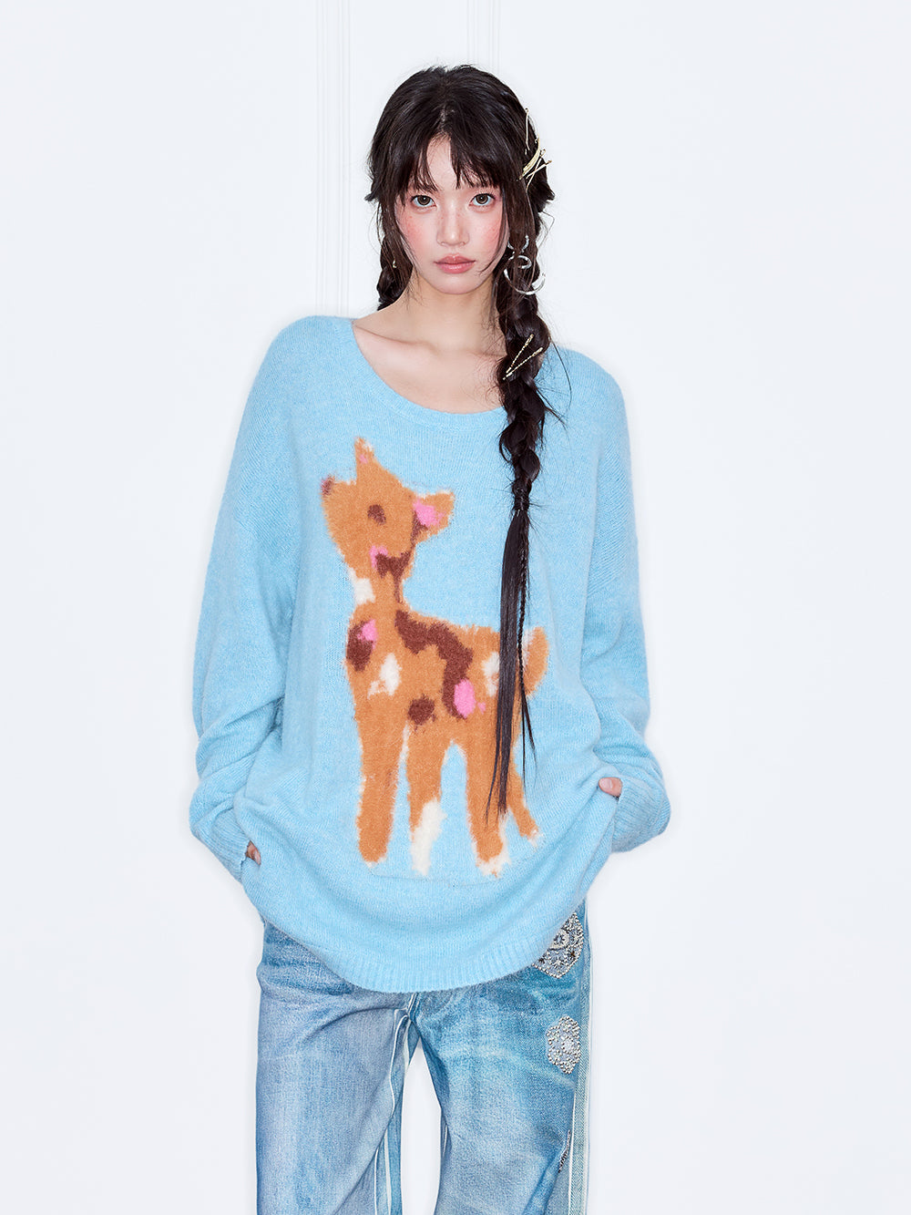 MUKZIN“The Sequence of Deer's Call”Light Blue/Soft Pink Deer Pattern Oversized Fuzzy Knit Sweater