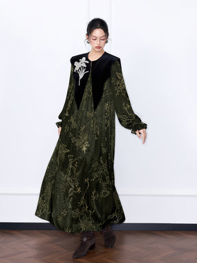 MUKZIN“Capsule Collection”Luxury Velvet Paneled Floral Print Maxi Dress