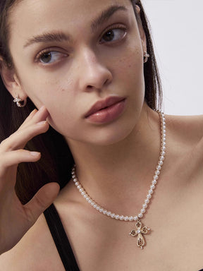MUKTANK×SUN HUNTER Small lace cross pearl chain