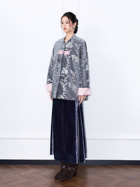 MUKZIN“Capsule Collection”Luxury Navy Velvet Side-Slit Midi Skirt