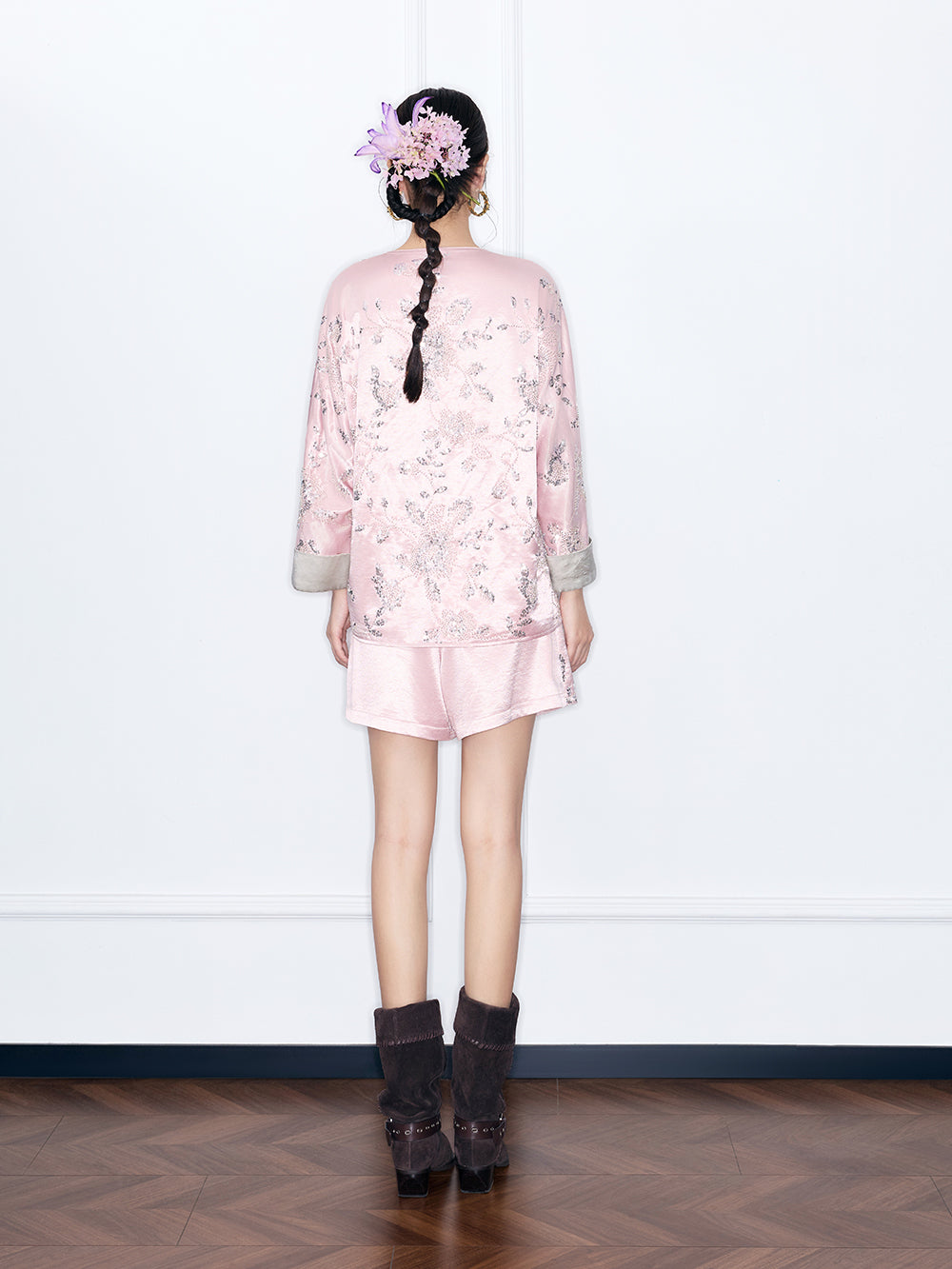 MUKZIN“Night Ballad of Chang'an”New Chinese Style Pink Jacquard Satin Mini Skirt, Traditional Chinese A-Line Skirt