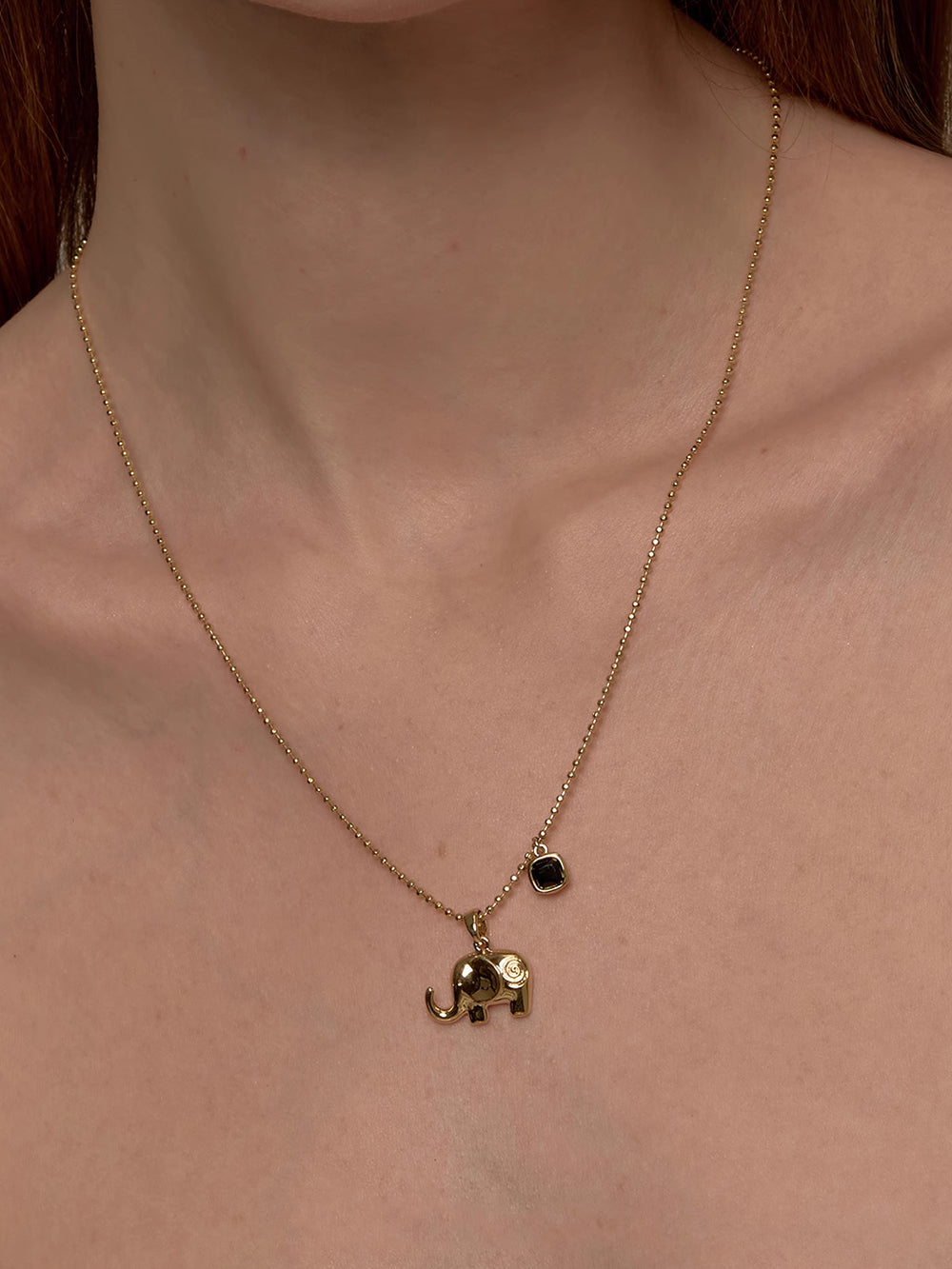 MUKTANK×SUN HUNTER Double-layered Necklace with Little Elephant Design and Black Spinel