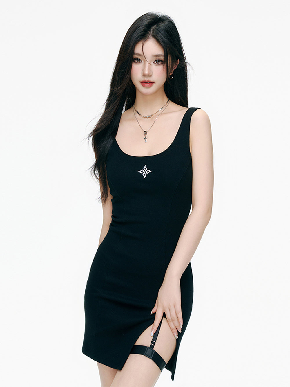 MUKTANK×ARDENCODE Summer Black Slimming Sleeveless Spaghetti Strap Petite Bodycon Tank Dress