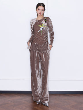 MUKZIN“Capsule Collection”Coffee Velvet Wide-Leg Pants | Oriental High-Waist Relaxed Trousers