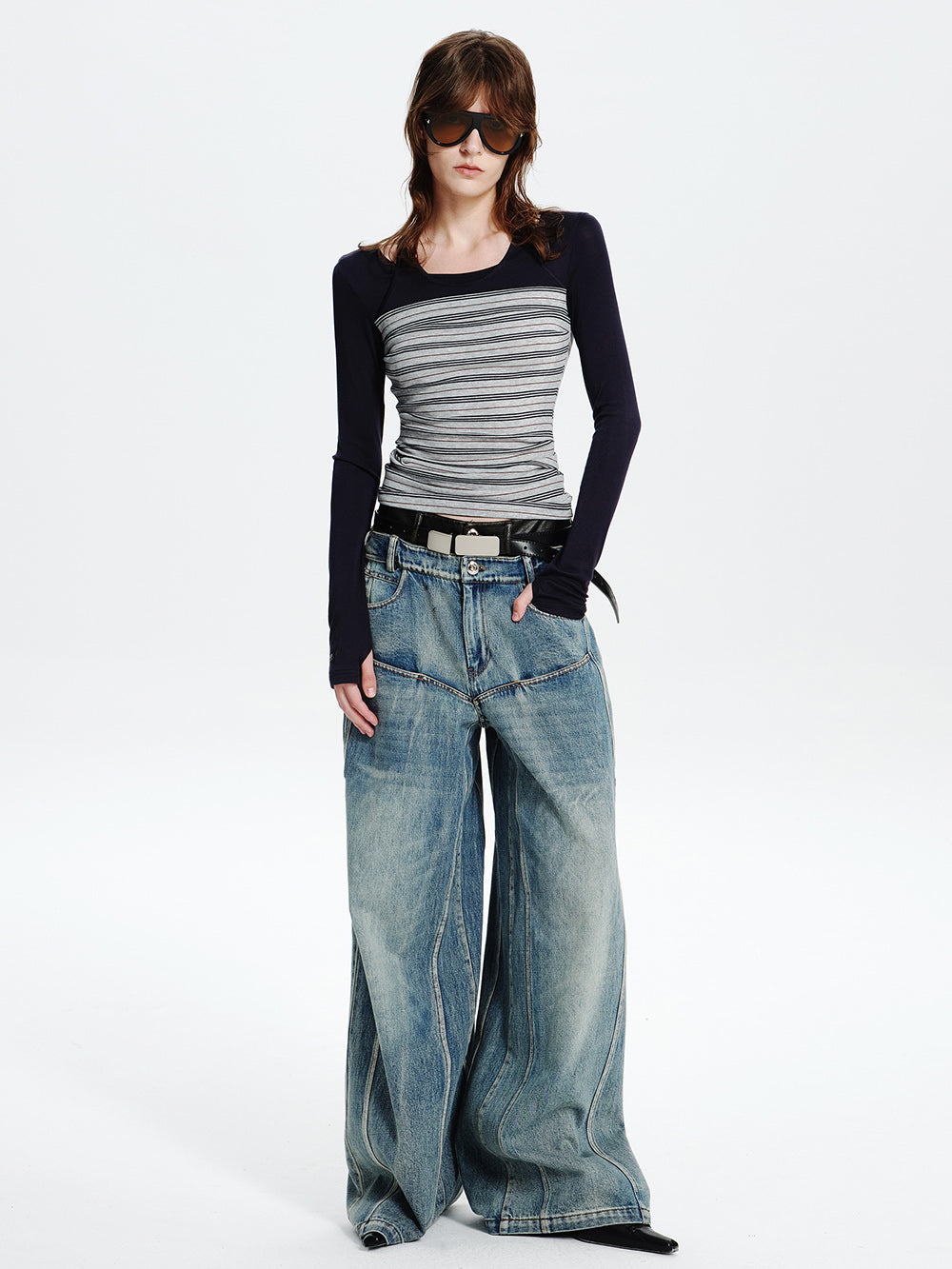 MUKTANK×MODULER Leather-Paneled Heavy-Duty Oversized Jeans