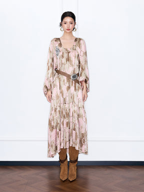 MUKZIN“Capsule Collection”Pink Abstract Print Tiered Maxi Dress | Oriental Sequin Embellished Long Sleeve Dress with Belt