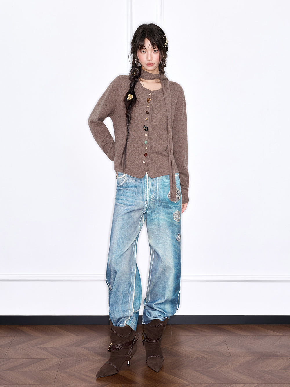 MUKZIN“The Sequence of Deer's Call”Coffee Color Halter Collar Colorful Button Decor Knit Cardigan