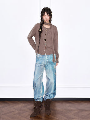 MUKZIN“The Sequence of Deer's Call”Coffee Color Halter Collar Colorful Button Decor Knit Cardigan