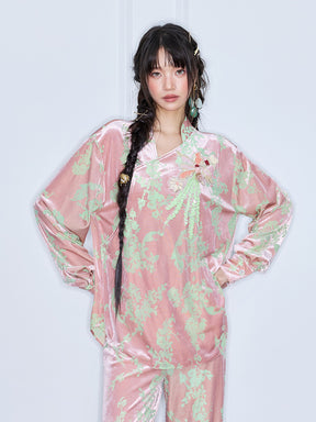 MUKZIN“Capsule Collection”Pink Velvet Chinese-Style Printed Slant-Collar Top