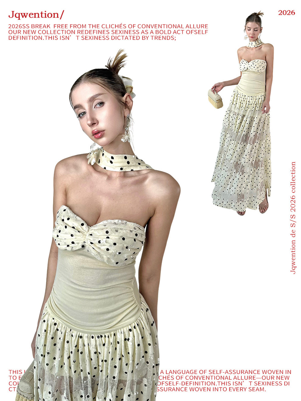 MUKTANK×Jqwention French Polka Dot Bandeau Vintage Sequin Halter Slim Dress