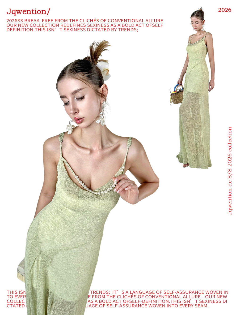 MUKTANK×Jqwention Pale Green Beaded Camisole Slim Designer Elegant Maxi Dress