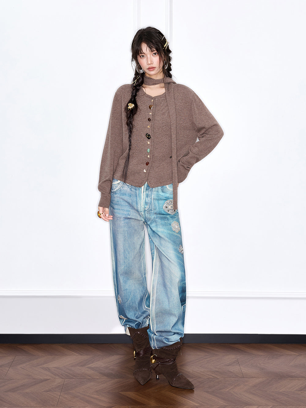 MUKZIN“The Sequence of Deer's Call”Coffee Color Halter Collar Colorful Button Decor Knit Cardigan