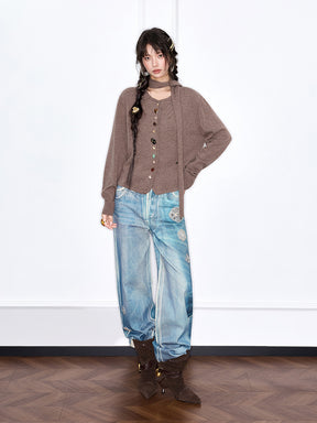 MUKZIN“The Sequence of Deer's Call”Coffee Color Halter Collar Colorful Button Decor Knit Cardigan