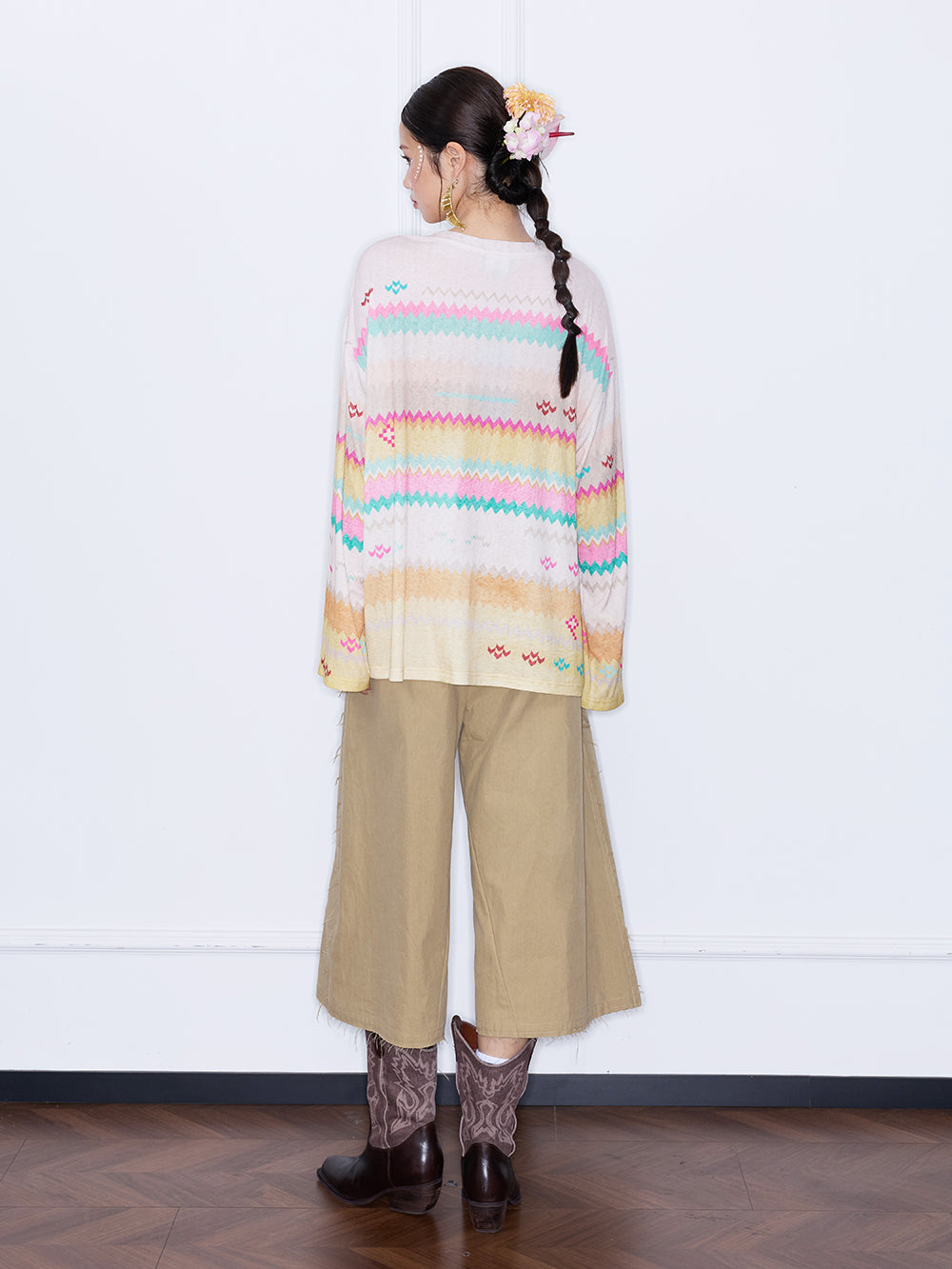 MUKZIN¡°Night Ballad of Chang'an¡±Y2K Star Heart Print Oversized Long Sleeve Tee, Vintage Bohemian Casual Knit Top for Women