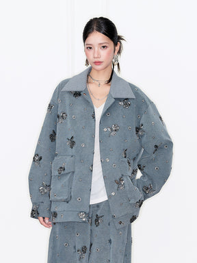 MUKZIN“Capsule Collection”Gray Rhinestone Embellished Oversized Casual Collar Heavy-Duty Jacket