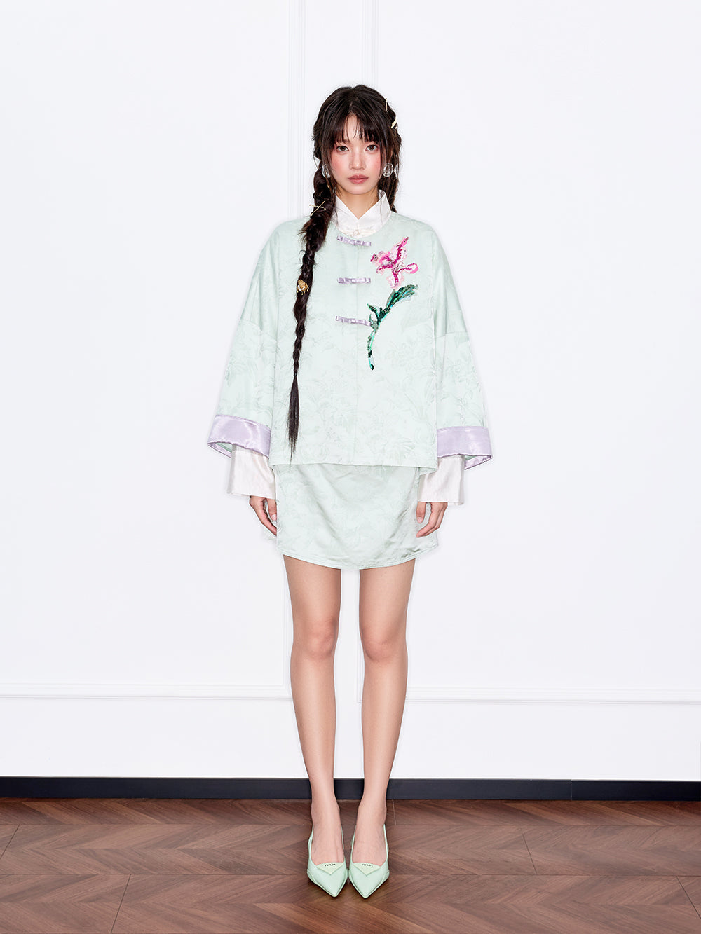 MUKZIN“Capsule Collection”Light Green Jacquard Chinese-Style Shorts