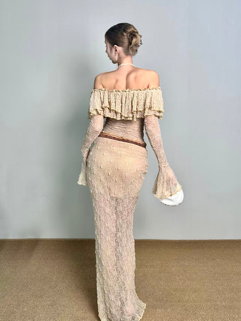 MUKTANK×Jqwention Bubble Texture Off Shoulder Fringe Slim Two Piece Skirt