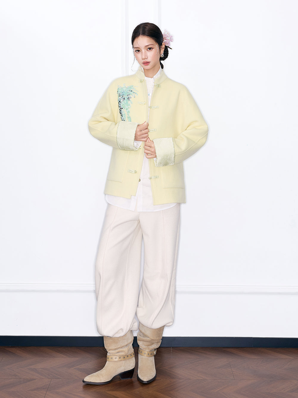 MUKZIN¡°Capsule Collection¡±Chinese Style Tang Suit Jacket, Embroidered Frog Button Wool Blend Coat for Women