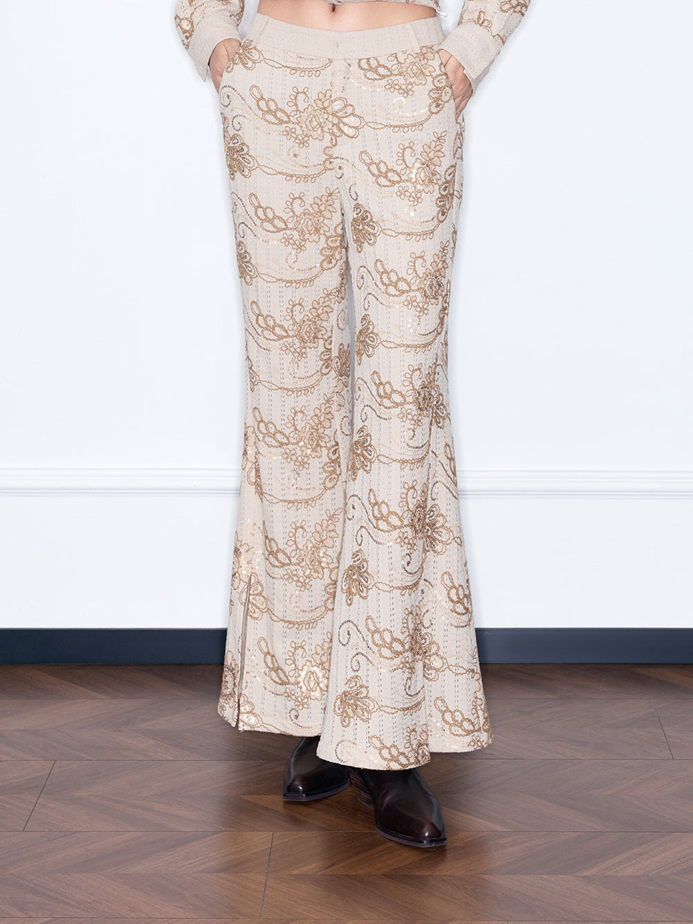 MUKZIN“Capsule Collection”Brown Floral Embroidered Wide-Leg Pants | Oriental Sequin Embellished High-Waist Trousers