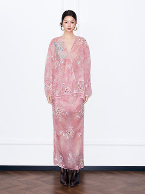 MUKZIN¡°Night Ballad of Chang'an¡±Pink Sheer Embroidered V-Neck Blouse