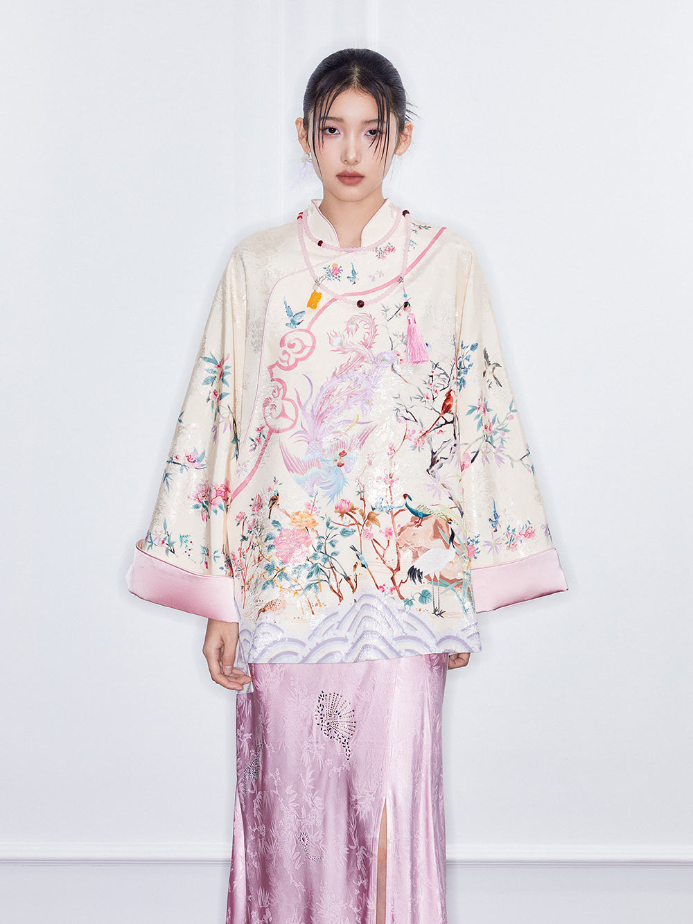 MUKZIN  Spring Prelude"Startling Swan Goose" Satin Printed Neo Chinese Style Cloak