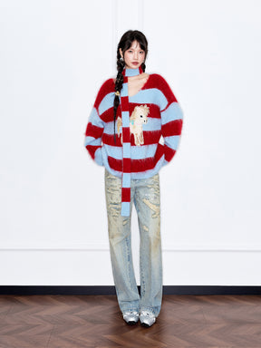 MUKZIN“The Sequence of Deer's Call”Red & Blue Striped Turtleneck Scarf Neck Pony Decor Sweet Cool Oversized Knit Sweater