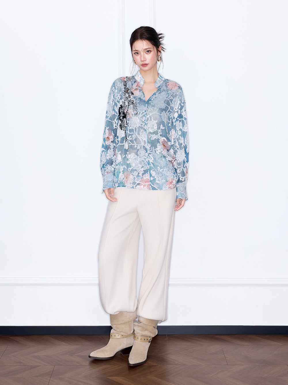 MUKZIN“Capsule Collection”Light Blue Floral Lace Blouse with Sequins - Loose Lantern Sleeves
