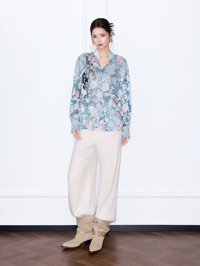 MUKZIN“Capsule Collection”Light Blue Floral Lace Blouse with Sequins - Loose Lantern Sleeves