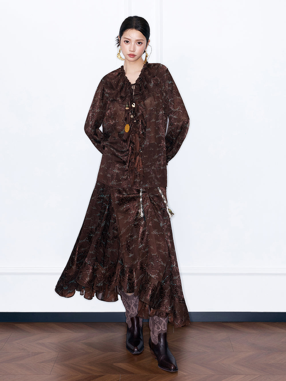 MUKZIN“Capsule Collection”Vintage Brown Sheer Ruffle Blouse | Boho Long Sleeve Top