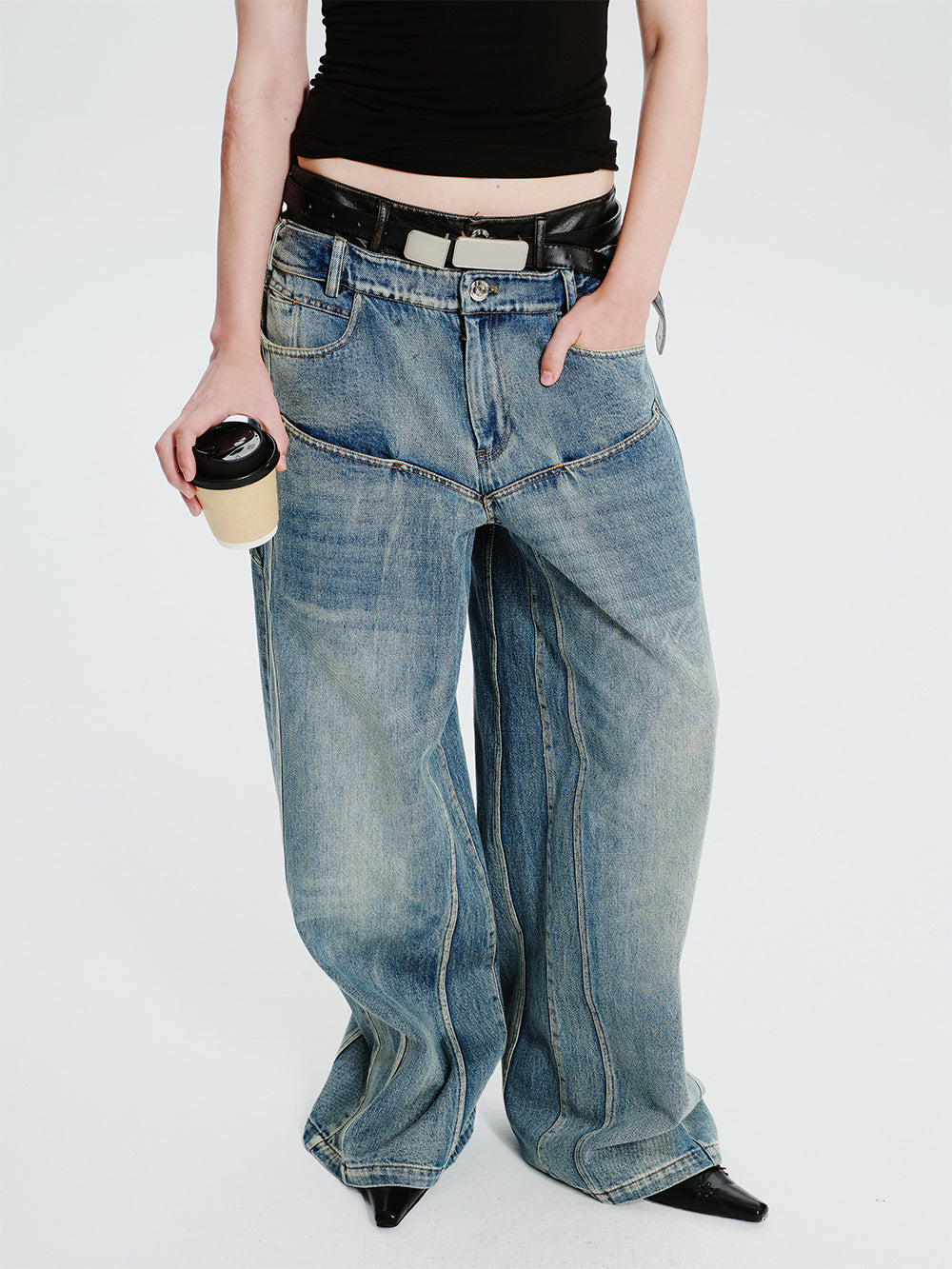 MUKTANK×MODULER Leather-Paneled Heavy-Duty Oversized Jeans